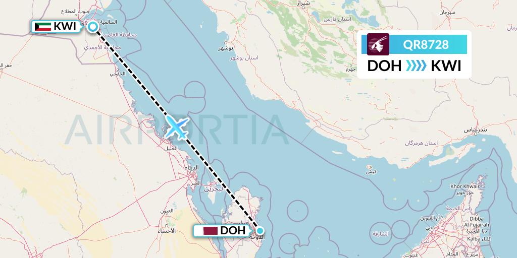 QR8728 Qatar Airways Flight Map: Doha to Kuwait City