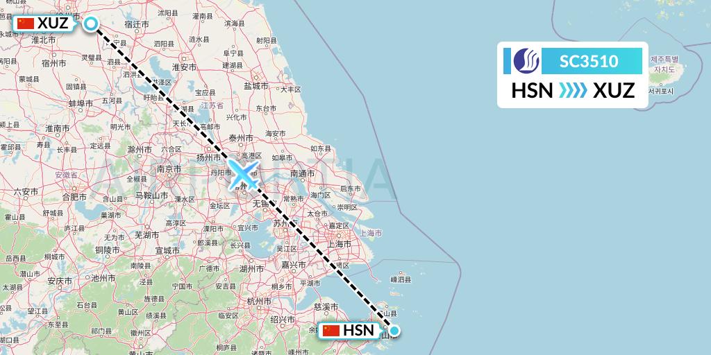 SC3510 Shandong Airlines Flight Map: Zhoushan to Xuzhou