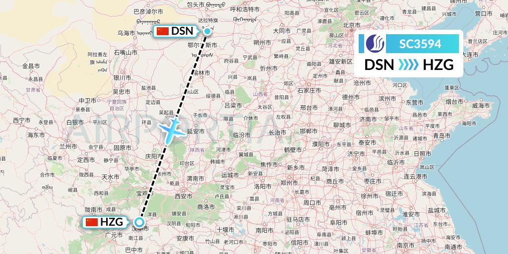 SC3594 Shandong Airlines Flight Map: Dongsheng to Hanzhong