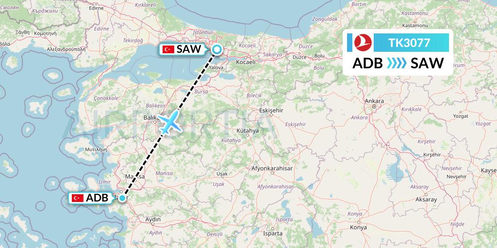 TK3077 Turkish Airlines Flight Map: Izmir to Istanbul