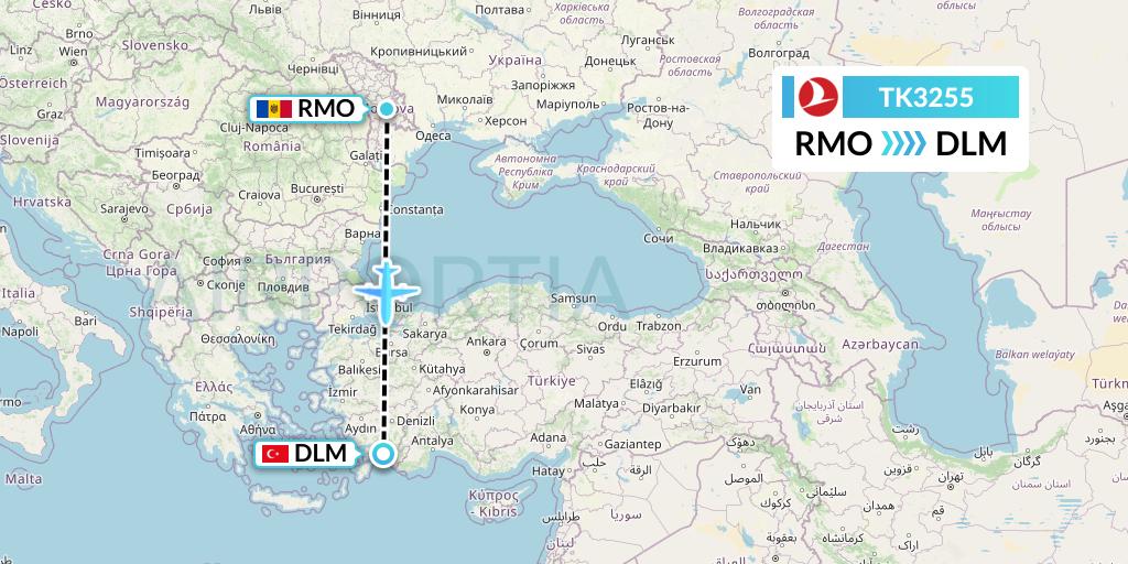 TK3255 Turkish Airlines Flight Map: Chisinau to Dalaman