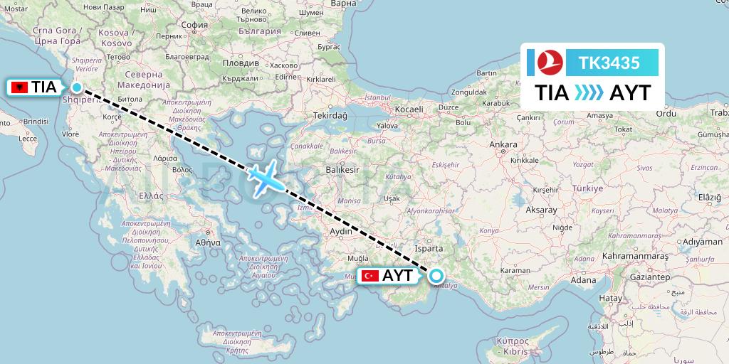 TK3435 Turkish Airlines Flight Map: Tirana to Antalya