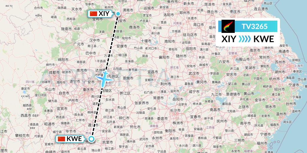 TV3265 Tibet Airlines Flight Map: Xi'an to Guiyang