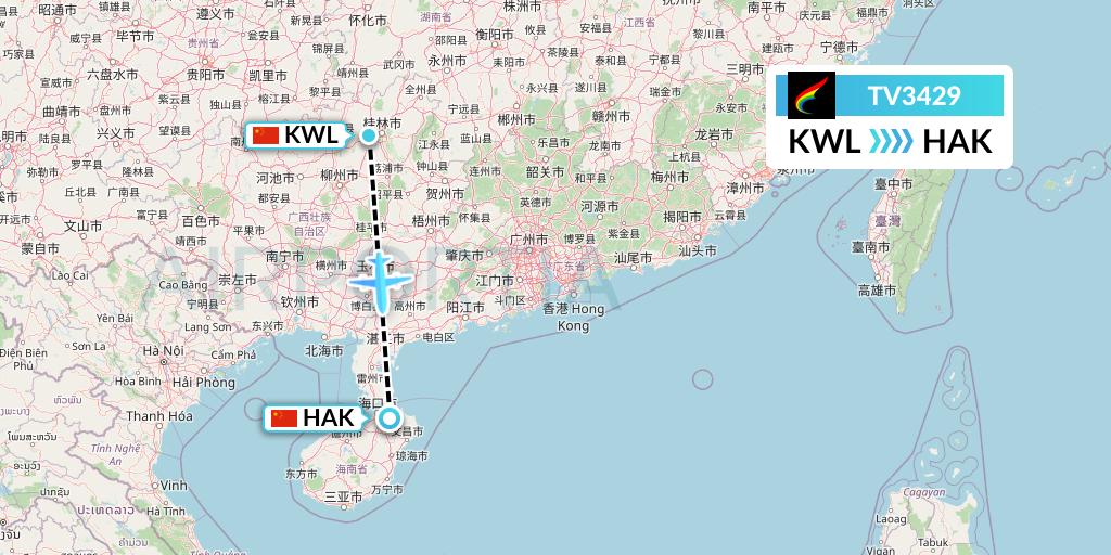 TV3429 Tibet Airlines Flight Map: Guilin to Haikou