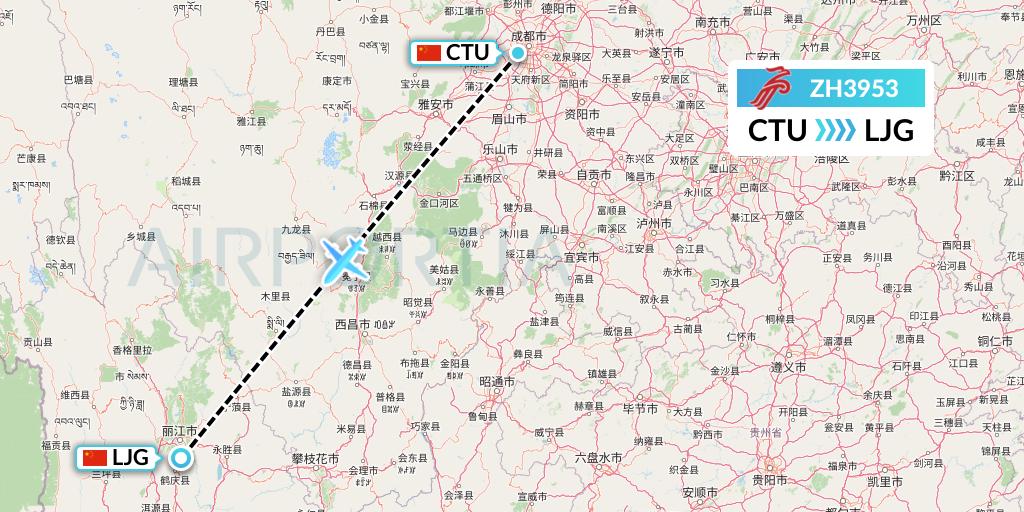 ZH3953 Shenzhen Airlines Flight Map: Chengdu to Lijiang