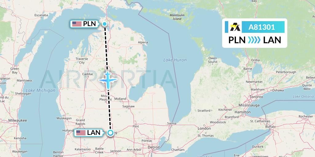 A81301 Aerolink Uganda Flight Map: Pellston to Lansing
