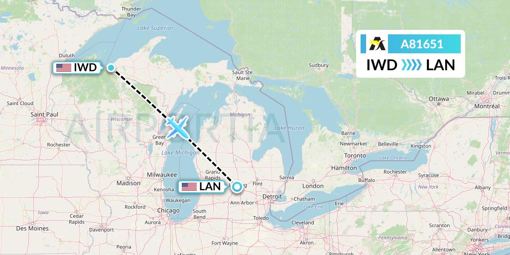 A81651 Aerolink Uganda Flight Map: Ironwood to Lansing