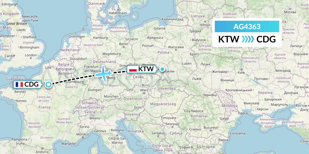 AG4363 Aruba Airlines Flight Map: Katowice to Paris