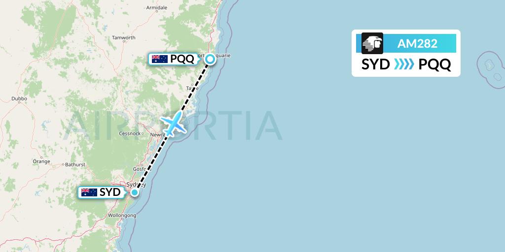 AM282 Aeromexico Flight Map: Sydney to Port Macquarie