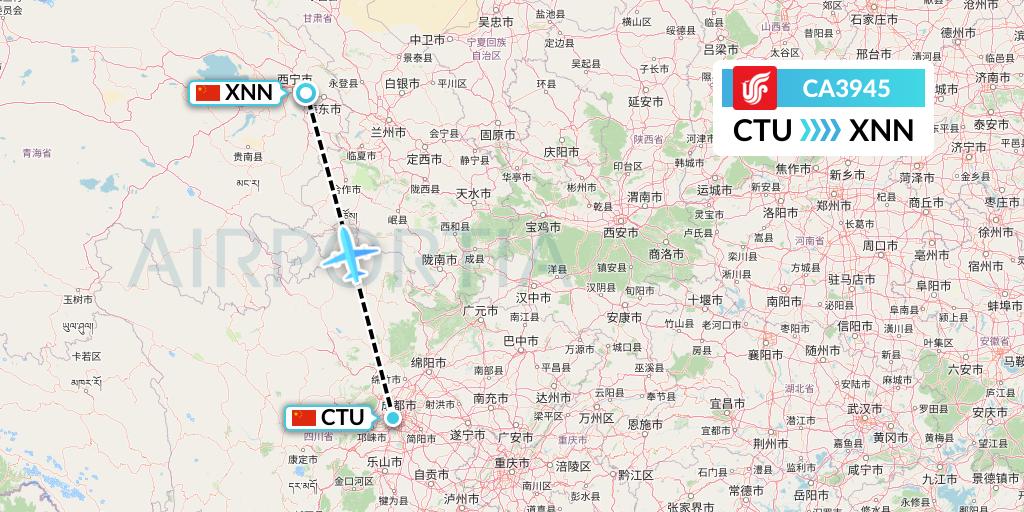 CA3945 Air China Flight Map: Chengdu to Xining