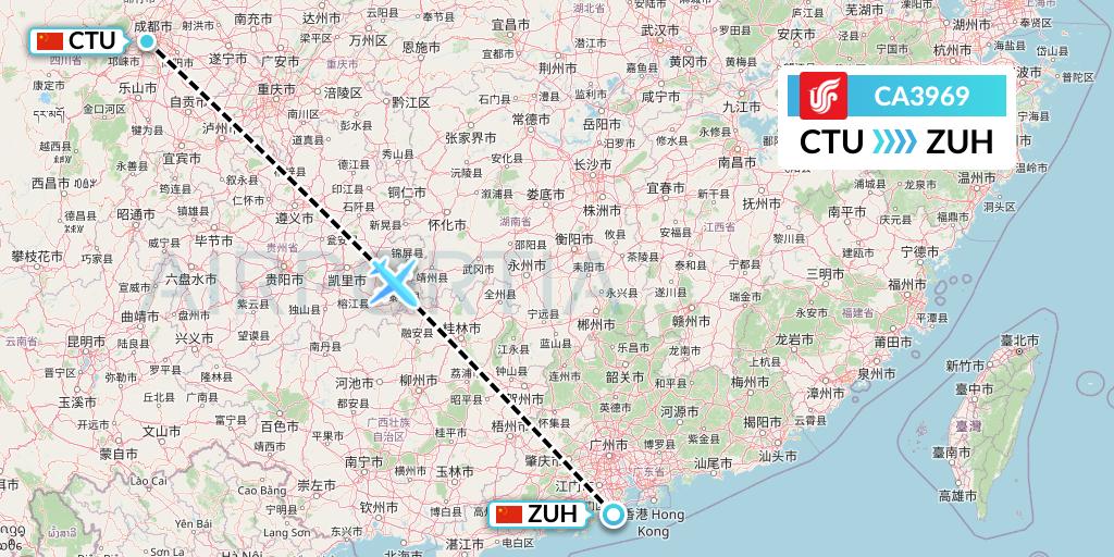 CA3969 Air China Flight Map: Chengdu to Zhuhai