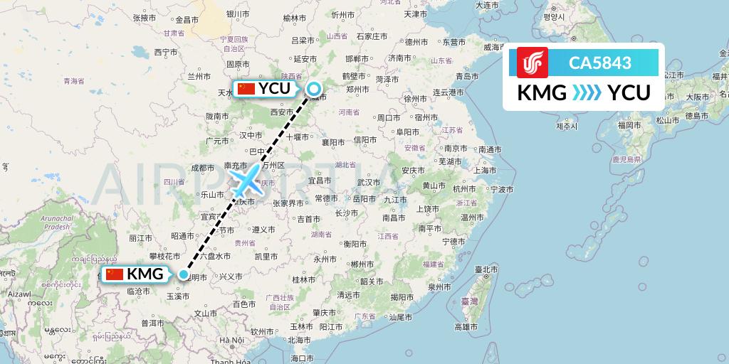 CA5843 Air China Flight Map: Kunming to Yuncheng