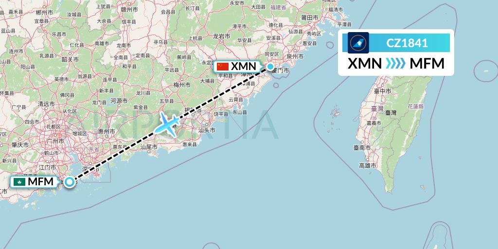 CZ1841 China Southern Airlines Flight Map: Xiamen to Macau