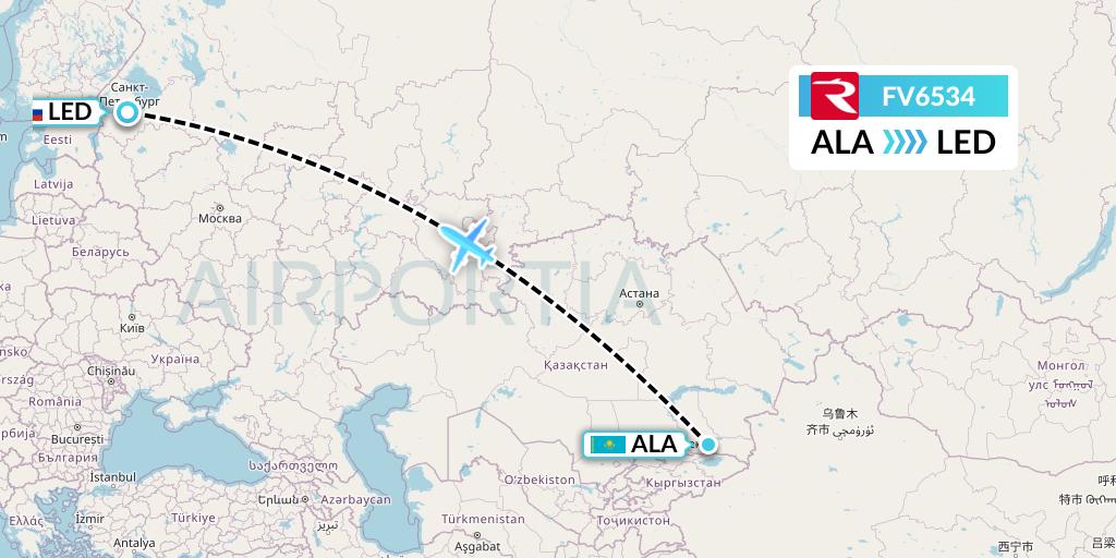 FV6534 Rossiya Flight Map: Almaty to St. Petersburg