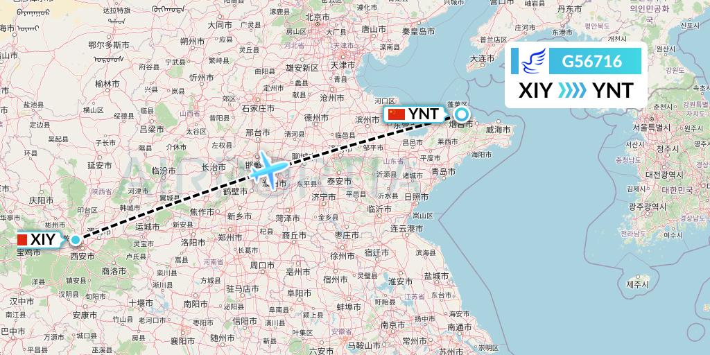 G56716 China Express Airlines Flight Map: Xi'an to Yantai