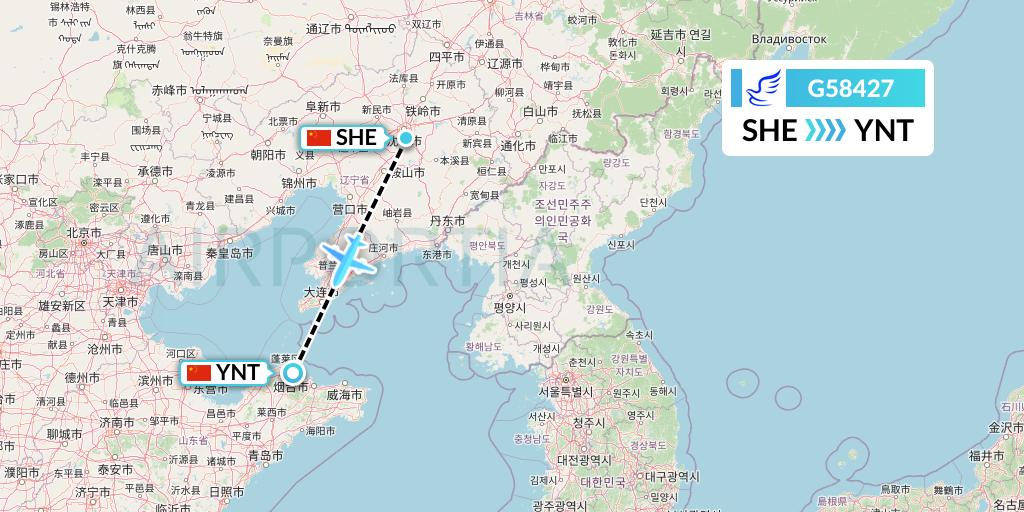 G58427 China Express Airlines Flight Map: Shenyang to Yantai
