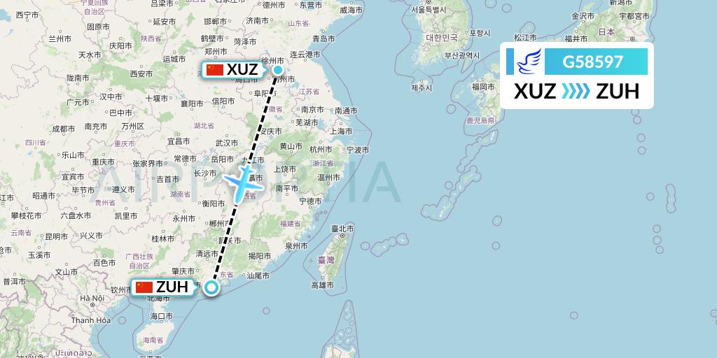 G58597 China Express Airlines Flight Map: Xuzhou to Zhuhai
