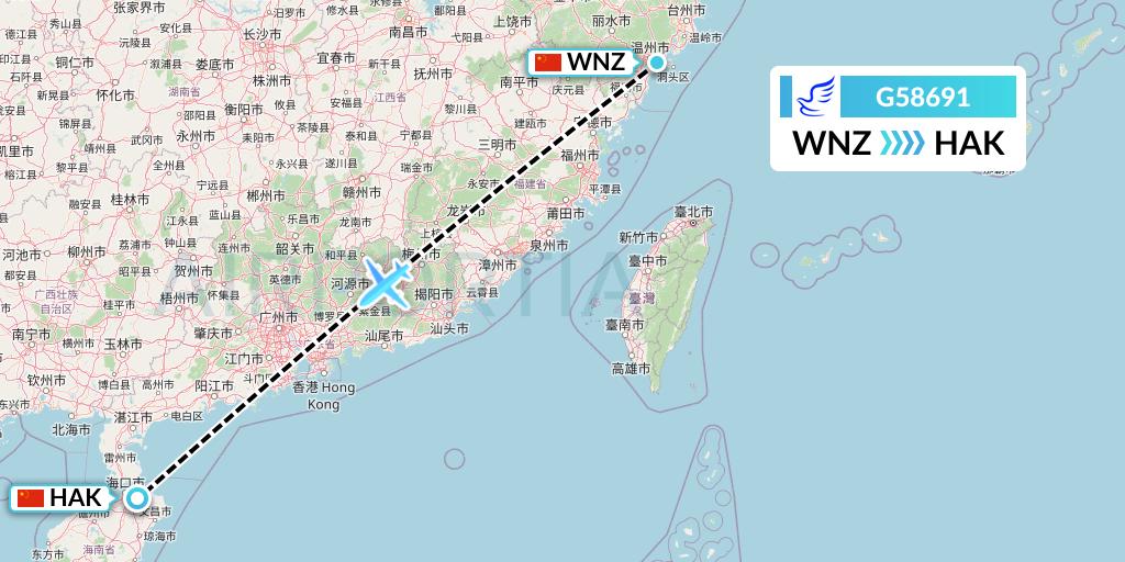 G58691 China Express Airlines Flight Map: Wenzhou to Haikou