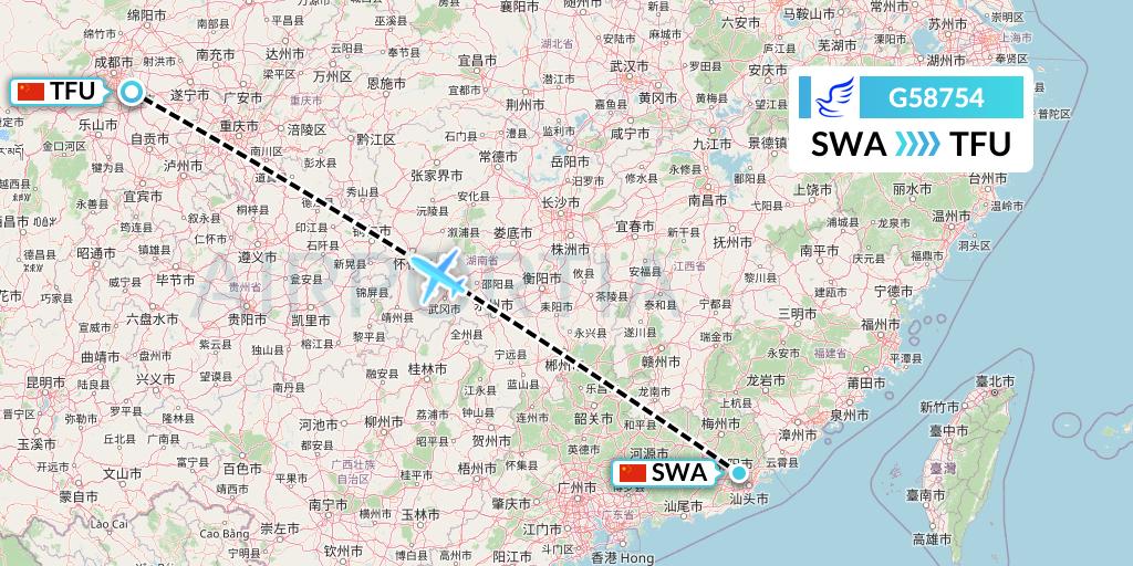 G58754 China Express Airlines Flight Map: Jieyang to Chengdu