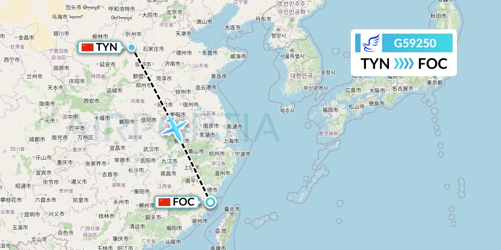 G59250 China Express Airlines Flight Map: Taiyuan to Fuzhou