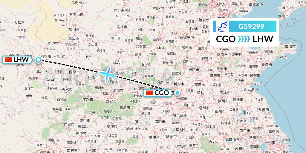 G59299 China Express Airlines Flight Map: Zhengzhou to Lanzhou