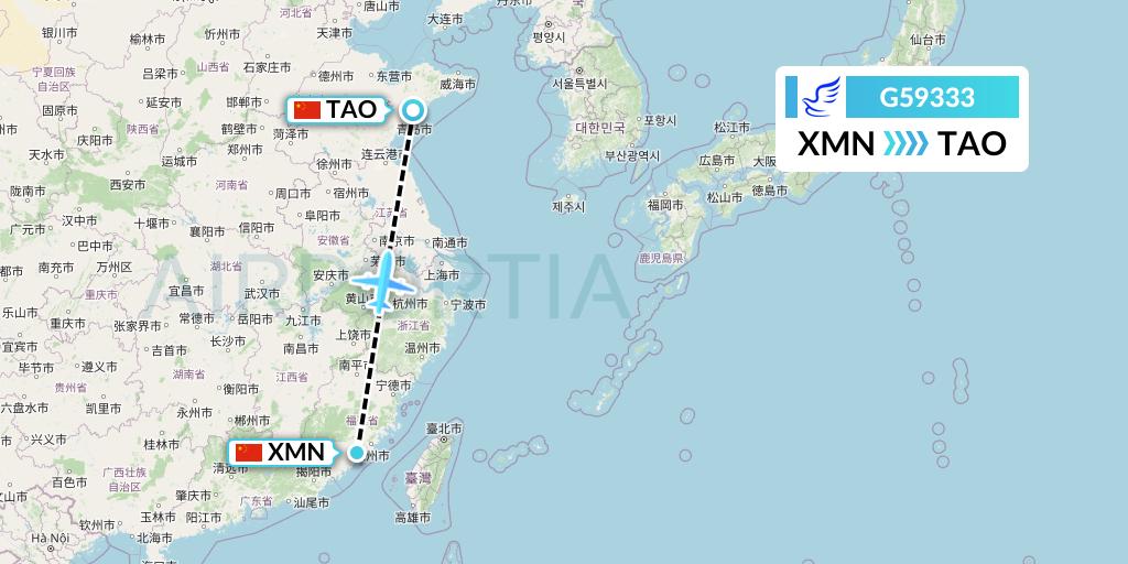 G59333 China Express Airlines Flight Map: Xiamen to Qingdao
