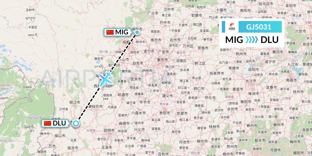 GJ5031 Loong Airlines Flight Map: Mianyang to Dali