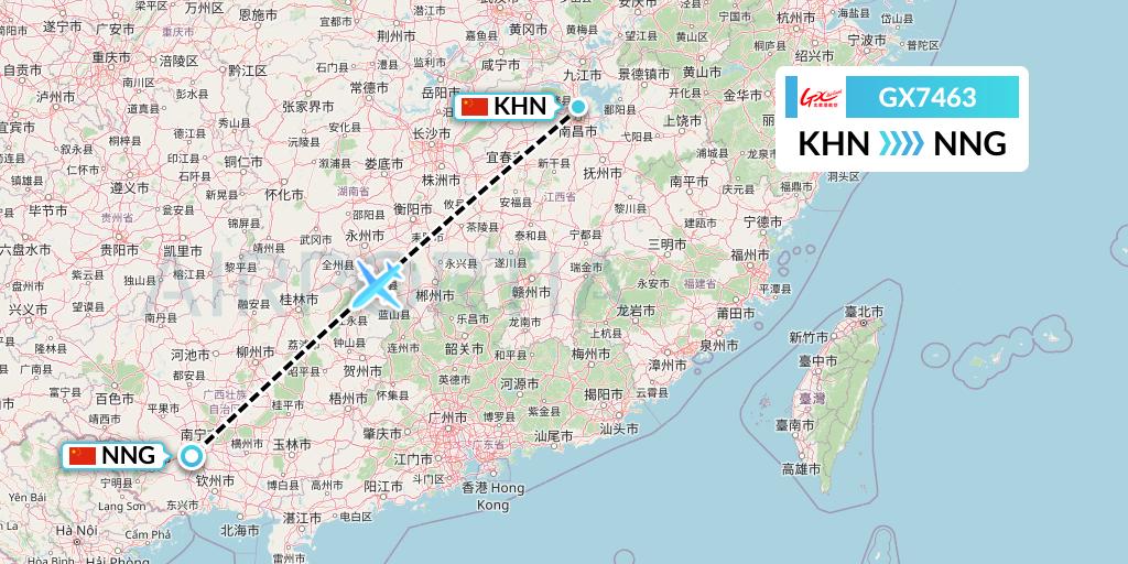 GX7463 GX Airlines Flight Map: Nanchang to Nanning