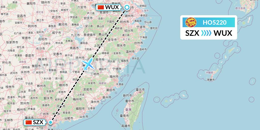 HO5220 Juneyao Airlines Flight Map: Shenzhen to Wuxi