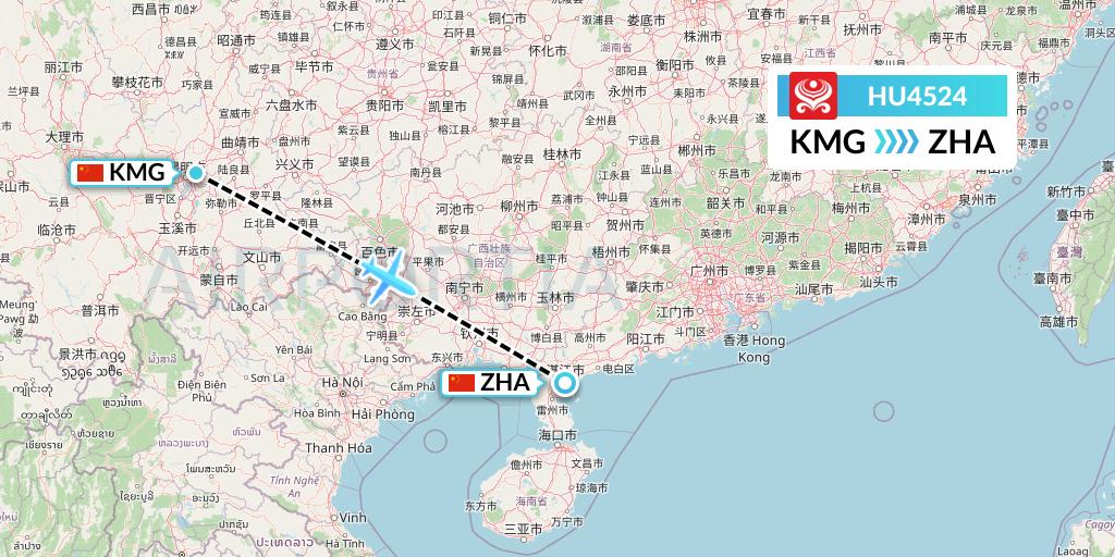 HU4524 Hainan Airlines Flight Map: Kunming to Zhanjiang