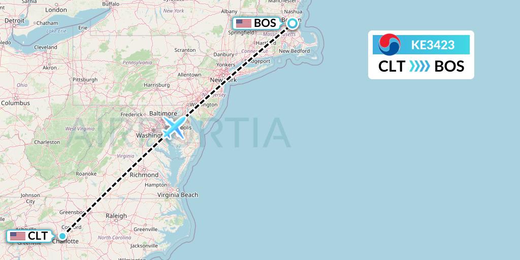 KE3423 Korean Air Flight Map: Charlotte to Boston