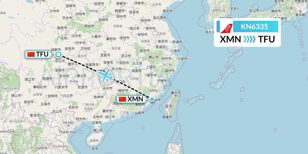 KN6335 China United Airlines Flight Map: Xiamen to Chengdu