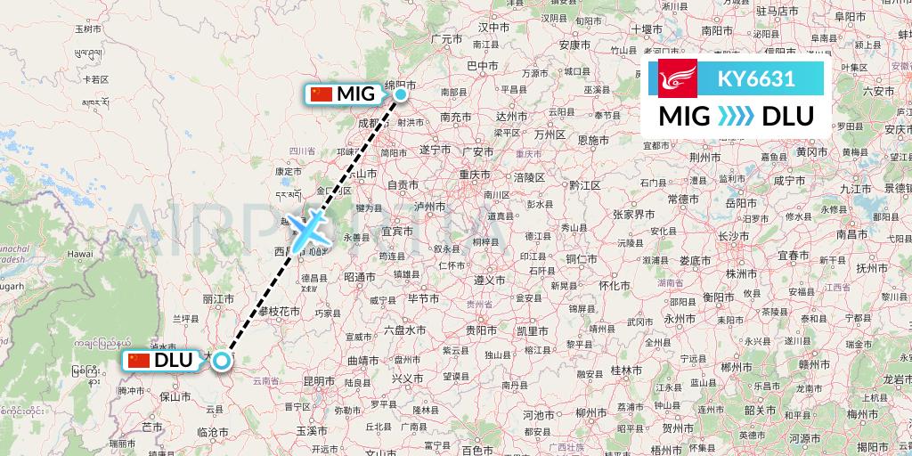 KY6631 Kunming Airlines Flight Map: Mianyang to Dali