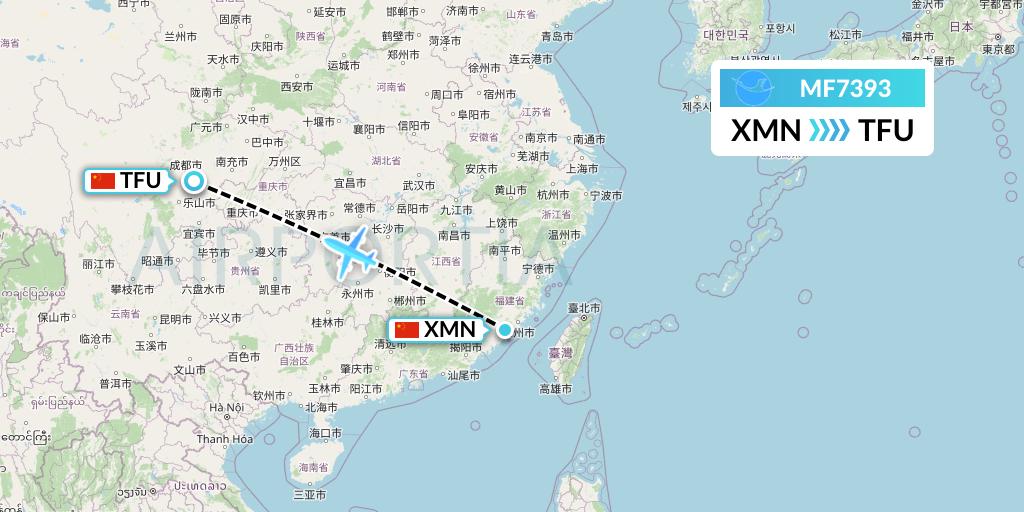 MF7393 Xiamen Airlines Flight Map: Xiamen to Chengdu
