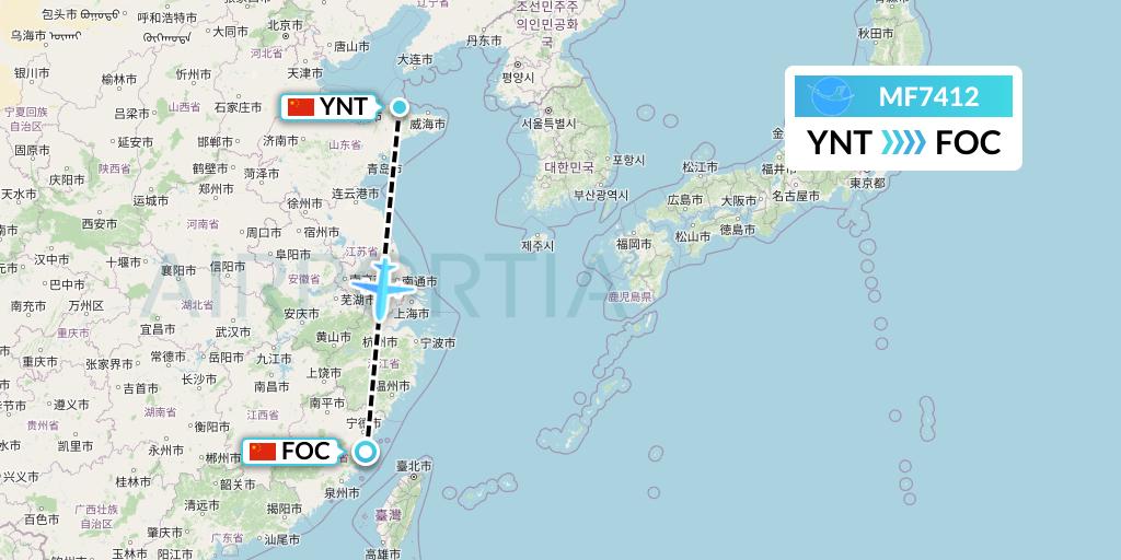 MF7412 Xiamen Airlines Flight Map: Yantai to Fuzhou