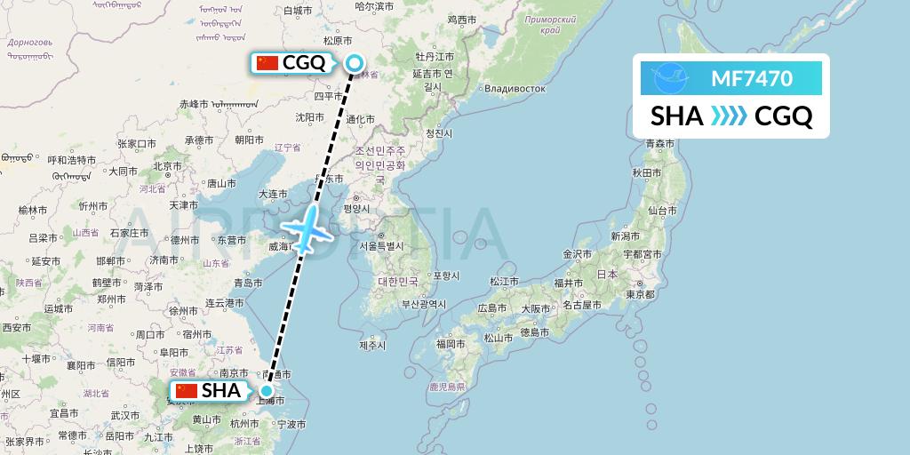 MF7470 Xiamen Airlines Flight Map: Shanghai to Changchun