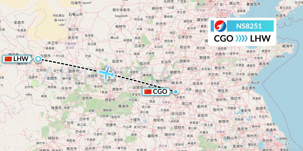 NS8251 Hebei Airlines Flight Map: Zhengzhou to Lanzhou