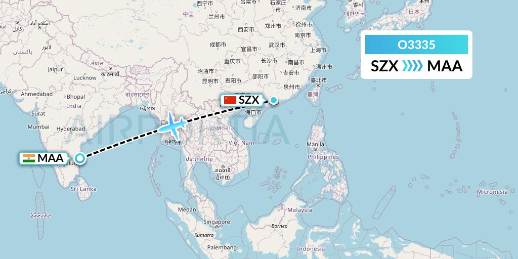 O3335 SF Airlines Flight Map: Shenzhen to Chennai