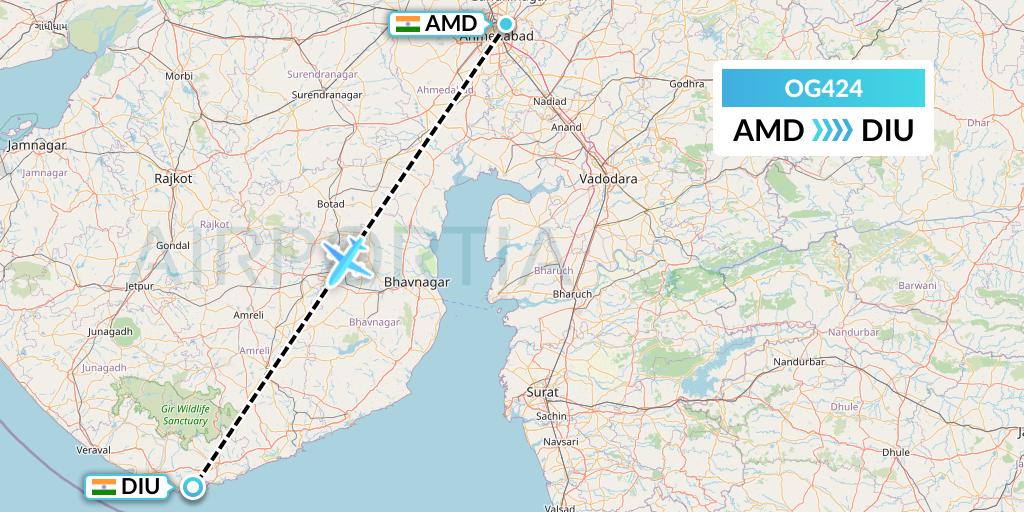 OG424 Fly Play Flight Map: Ahmedabad to Diu