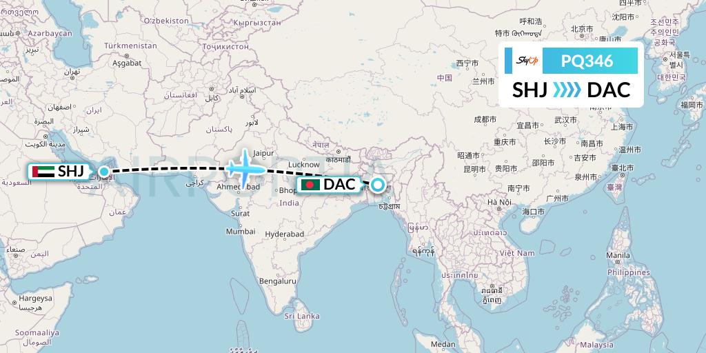 PQ346 SkyUp Airlines Flight Map: Sharjah to Dhaka