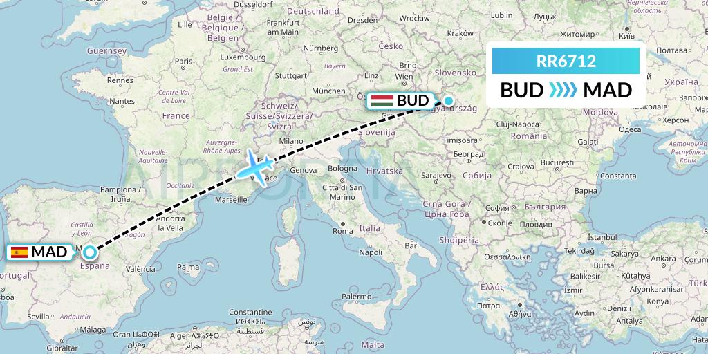 RR6712 Royal Air Force Flight Map: Budapest to Madrid