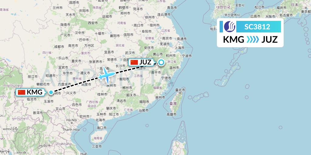 SC3812 Shandong Airlines Flight Map: Kunming to Quzhou