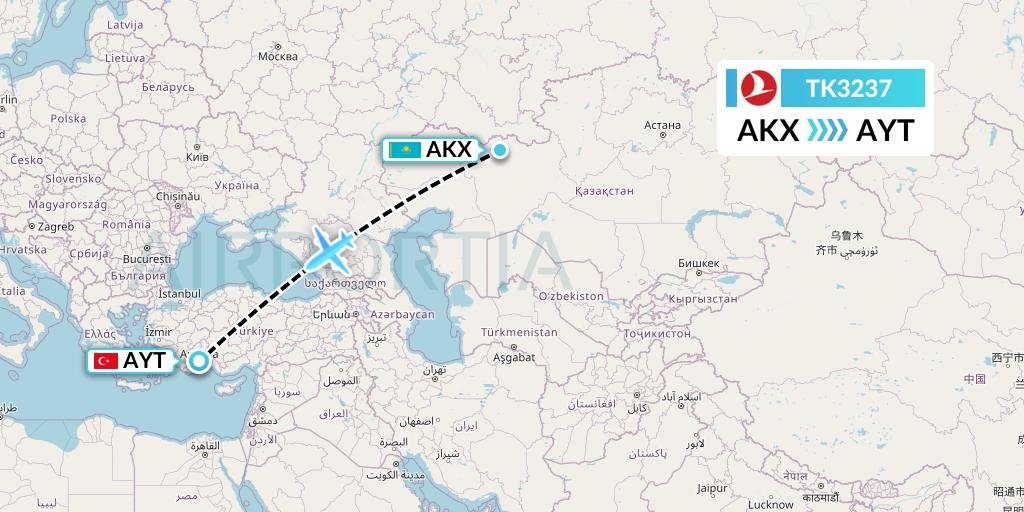 TK3237 Turkish Airlines Flight Map: Aktobe to Antalya
