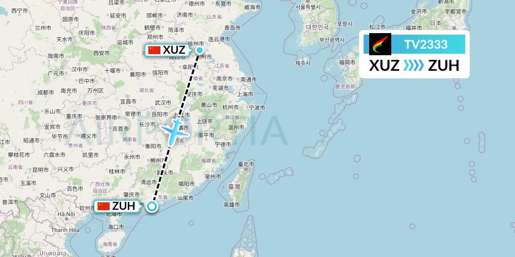 TV2333 Tibet Airlines Flight Map: Xuzhou to Zhuhai