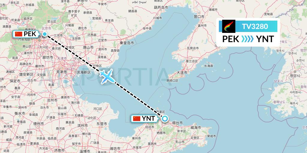 TV3280 Tibet Airlines Flight Map: Beijing to Yantai