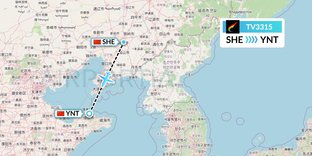 TV3315 Tibet Airlines Flight Map: Shenyang to Yantai