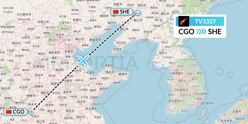 TV3327 Tibet Airlines Flight Map: Zhengzhou to Shenyang