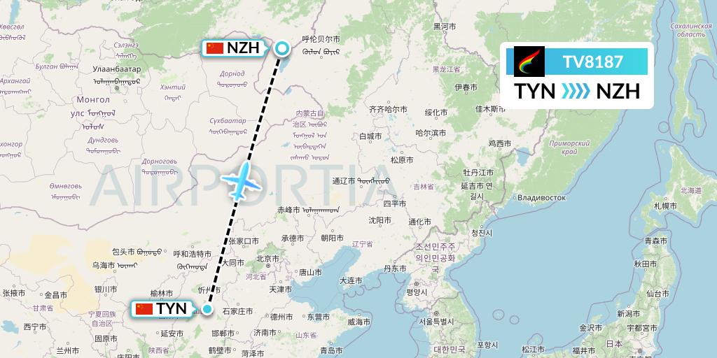 TV8187 Tibet Airlines Flight Map: Taiyuan to Manzhouli