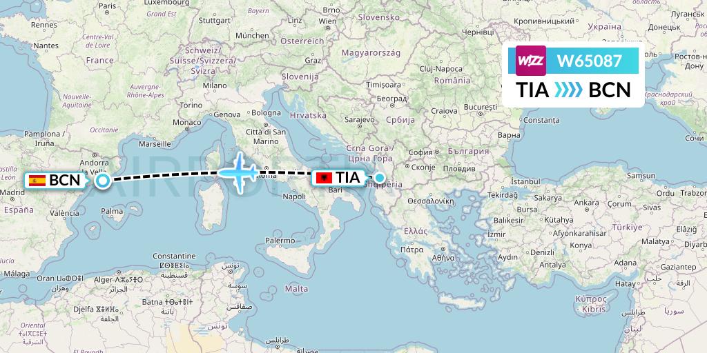 W65087 Wizz Air Flight Map: Tirana to Barcelona