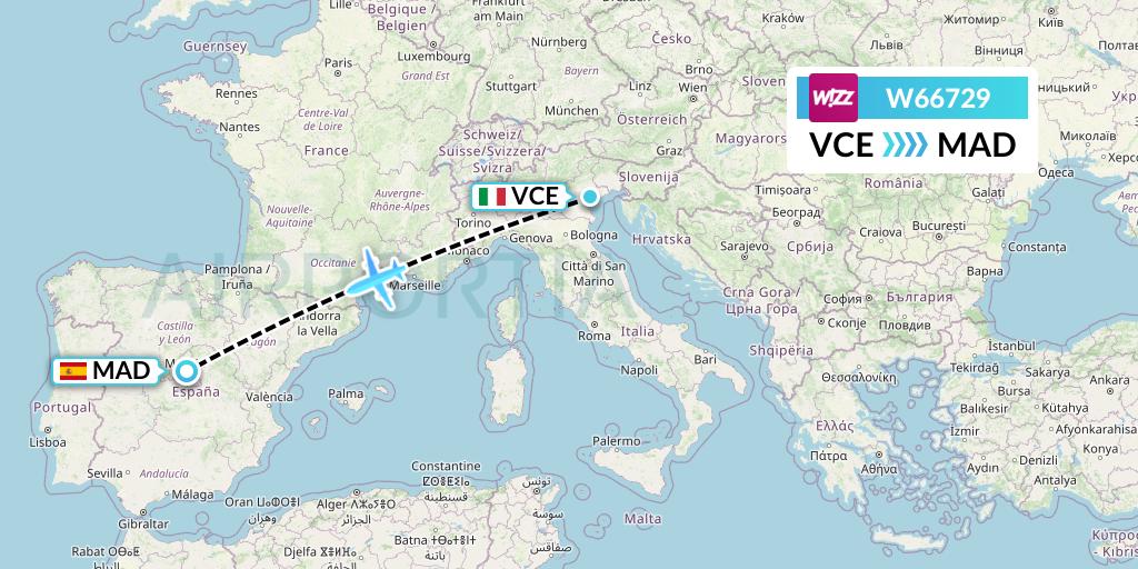 W66729 Wizz Air Flight Map: Venice to Madrid